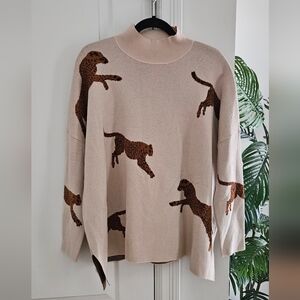 Elegant Beige Cheetah Print Turtleneck Sweater